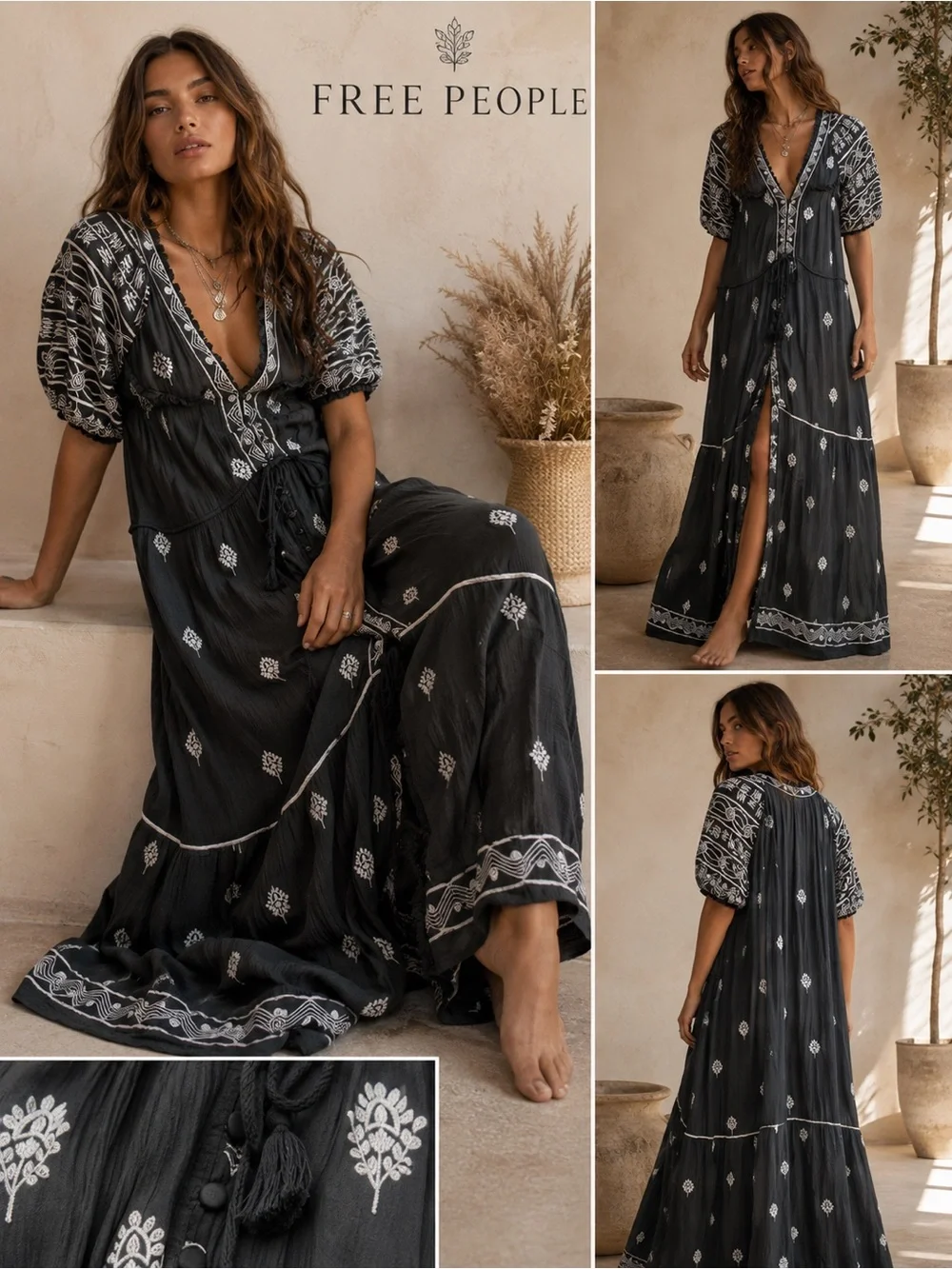 Free People Riley Embroidered Maxi Dress Gray Large Boho Tassel Pockets